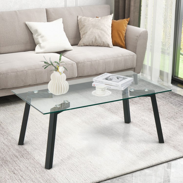 Modern Tempered Glass Coffee Table with Metal Frame for Living RoomCostway Gallery View 6 of 9