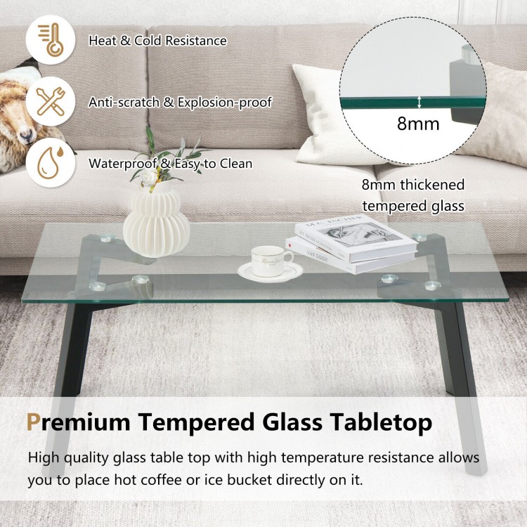 Modern Tempered Glass Coffee Table with Metal Frame for Living RoomCostway Gallery View 3 of 9