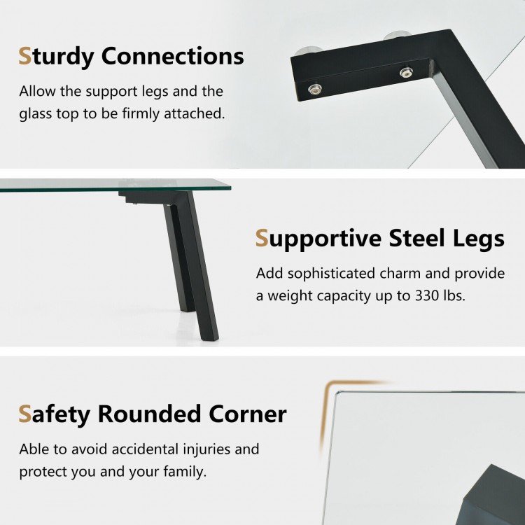 Tempered glass coffee table with sturdy metal frame, featuring rounded corners for safety and stylish modern design.