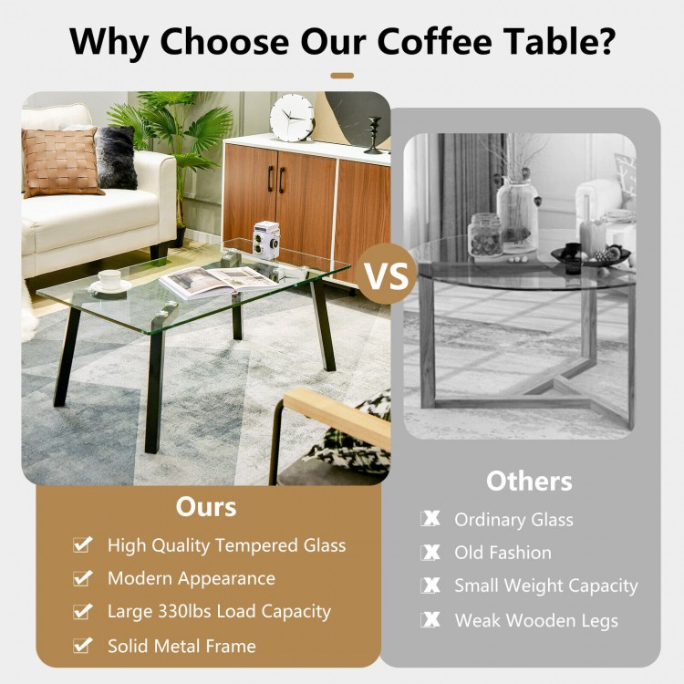 Modern tempered glass coffee table with metal frame, featuring a spacious top and sturdy legs for living room use.