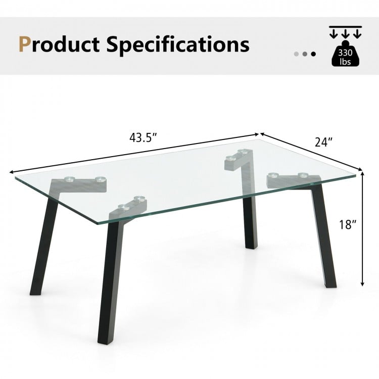 Modern tempered glass coffee table with metal frame, 43.5" x 24" x 18", ideal for stylish living room decor.