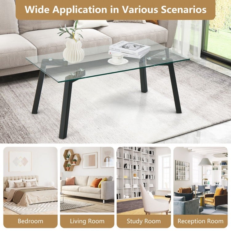 Modern tempered glass coffee table with metal frame, featuring a spacious top and sturdy legs, ideal for living room.