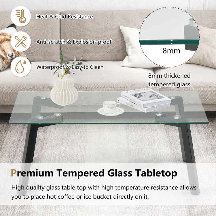 Modern tempered glass coffee table with metal frame, featuring an 8mm thick tabletop for heat resistance and easy.
