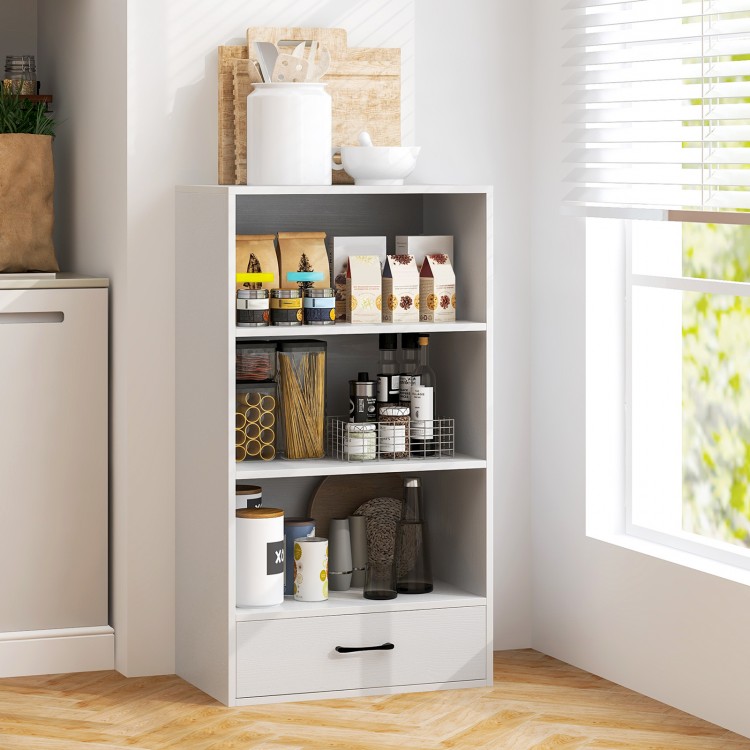 Four-tier wood bookcase in white with a storage drawer, ideal for organizing items in a bedroom or living room.