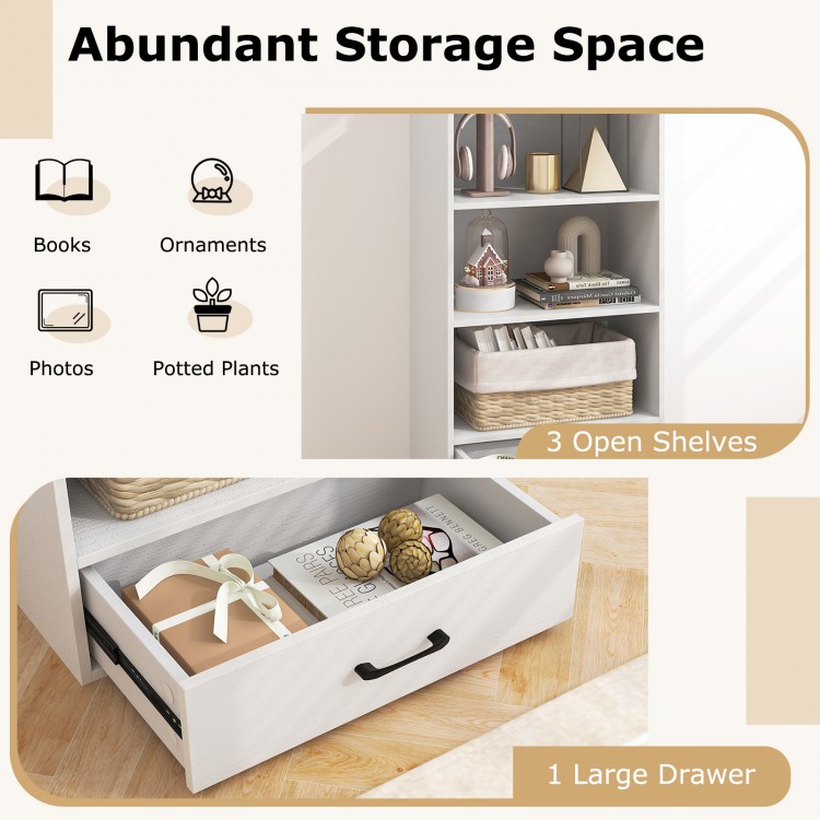 White 48-inch tall wood bookcase featuring 3 open shelves and 1 large drawer, ideal for bedroom or living room storage.