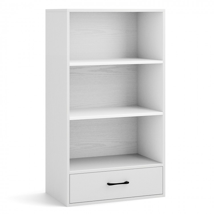 White 48-inch tall wood bookcase featuring 4 tiers and a storage drawer, ideal for bedroom or living room organization.