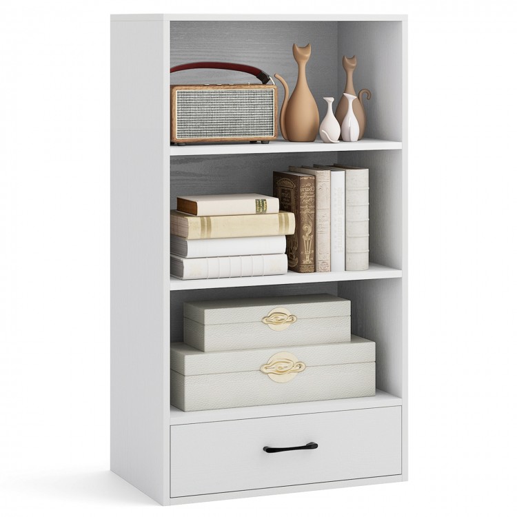 White 48-inch tall wood bookcase with four tiers, featuring a storage drawer and decorative items for versatile use.