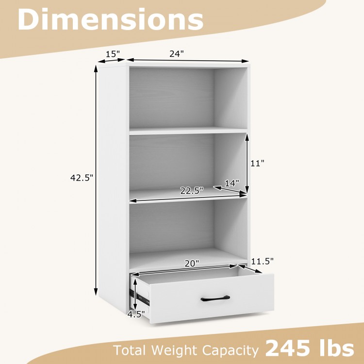 48-inch tall white wood bookcase with four tiers and a drawer, ideal for bedroom or living room storage.