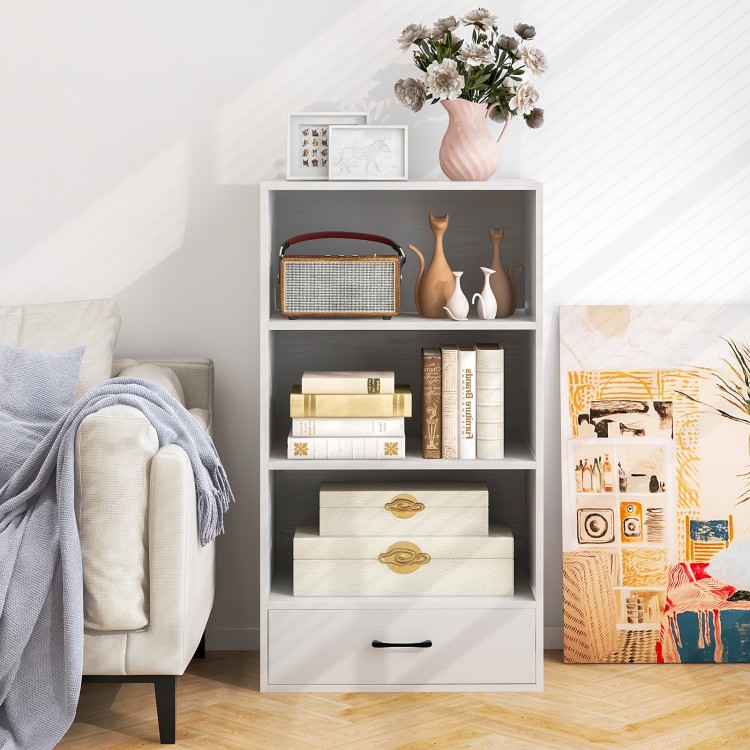 48-inch tall white wood bookcase with 4 tiers and drawer, ideal for living room or study room storage.