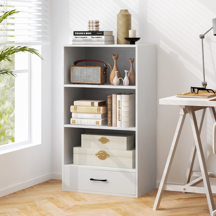 White 48-inch tall 4-tier wood bookcase with drawer, ideal for storage in bedroom, living room, or study room.
