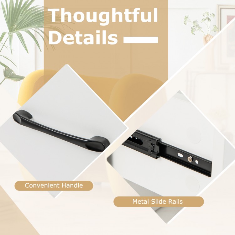 Close-up of the drawer handle and metal slide rails of the 48-inch tall white wood bookcase for easy access.