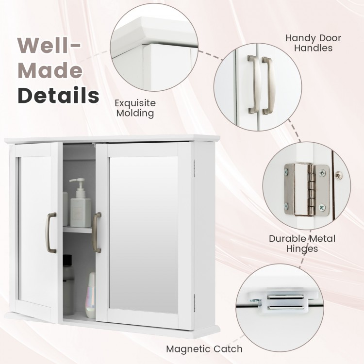2-tier wall-mounted bathroom cabinet in white with double mirrored doors and durable metal hinges for easy access.
