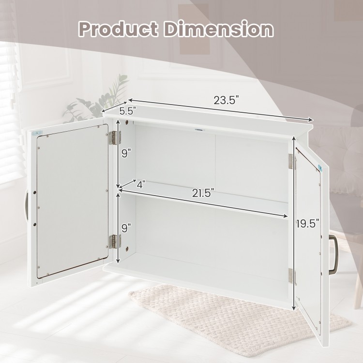 2-tier white bathroom wall-mounted mirror storage cabinet dimensions with double mirrored doors and enclosed shelves.