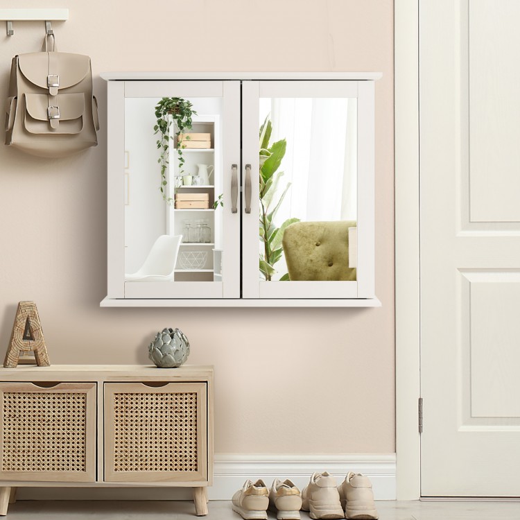 Wall-mounted white 2-tier bathroom storage cabinet with double mirrored doors and metal handles for space-saving.