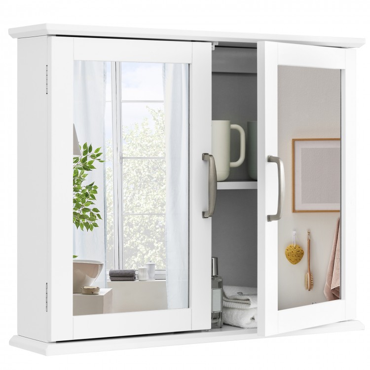 2-tier wall-mounted bathroom storage cabinet in white with double mirrored doors and metal handles for easy access.