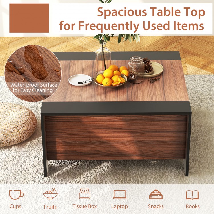Walnut coffee table with a sliding top, hidden compartment, and waterproof surface for easy cleaning and organization.