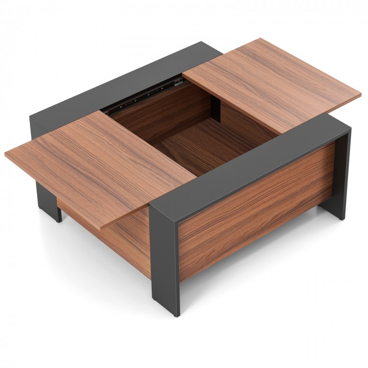 Walnut coffee table with sliding top and hidden compartment, featuring a sturdy design for home or cafe use.