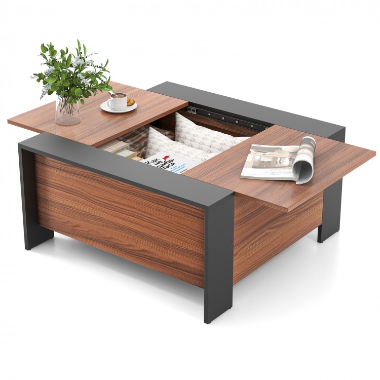Walnut coffee table with sliding top and hidden compartment, featuring a stable 5-point support system for versatile.