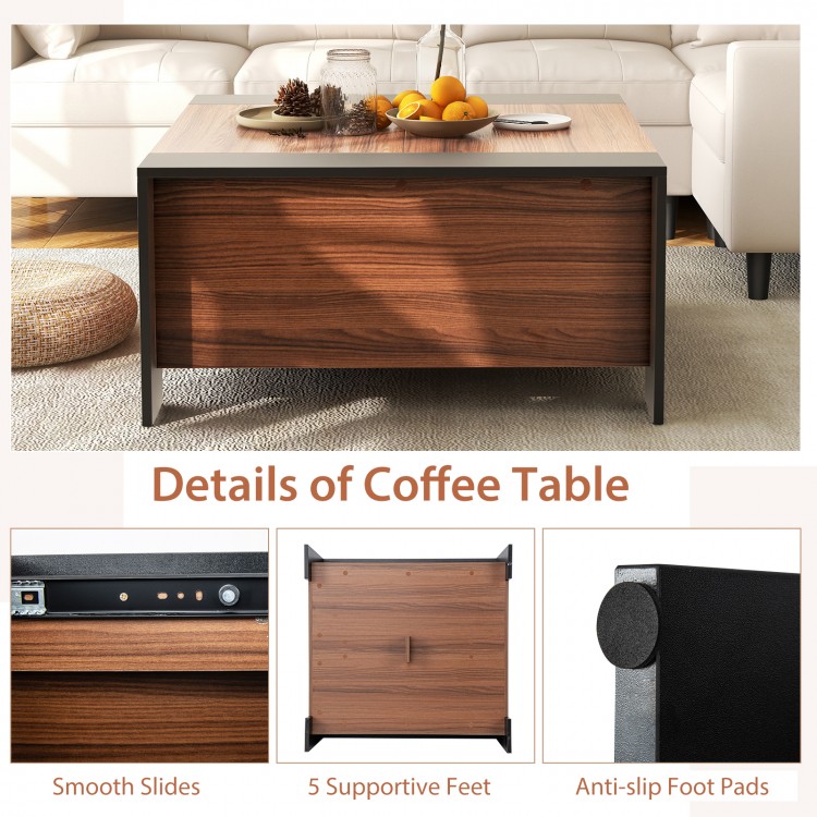Walnut coffee table with sliding top, hidden compartment, and 5 supportive feet for stable use in any setting.