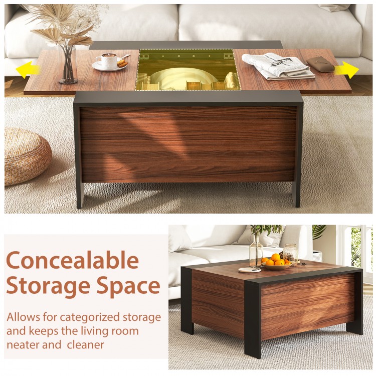 36.5-inch walnut coffee table with sliding top, hidden compartment, and smooth edges for organized living spaces.