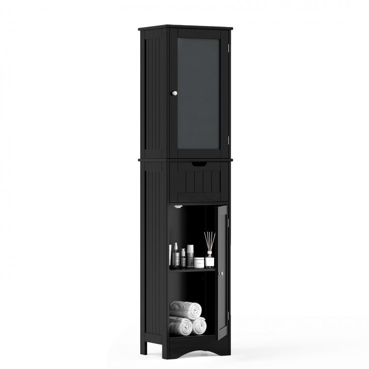 Tall black floor storage cabinet with 2 doors and 1 drawer, featuring adjustable shelves for bathroom organization.