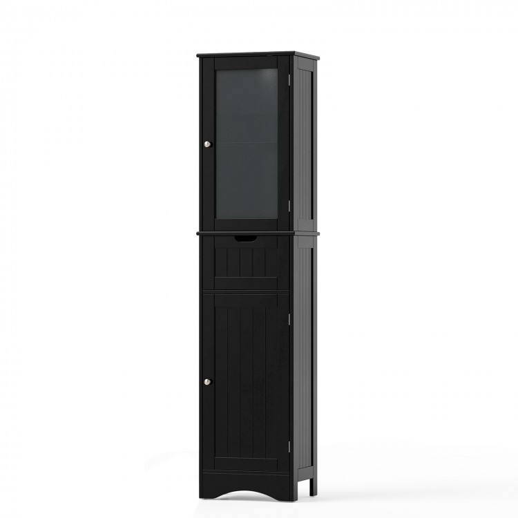 Slim black floor storage cabinet with adjustable shelves and a drawer, perfect for maximizing bathroom space.