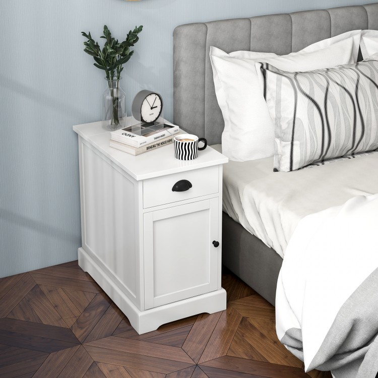White end table with charging station, featuring a flip top, drawer, and USB ports, ideal for bedroom or living room.