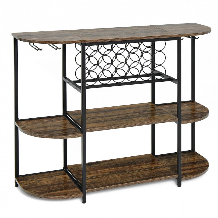 Rustic brown 47-inch wine rack table with glass holder and 3-tier storage shelves for kitchen or dining room use.