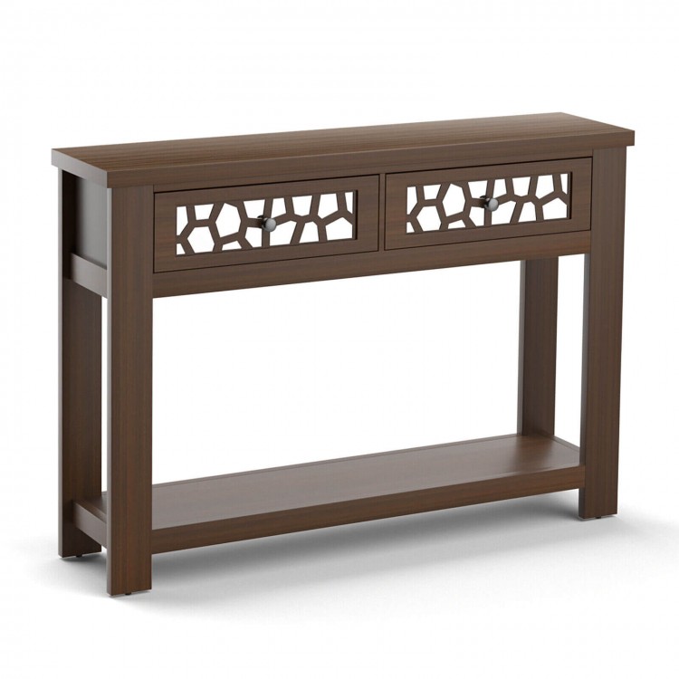 Brown 2-tier console table with mirrored front, double drawers, and open shelf, perfect for small spaces and decor.