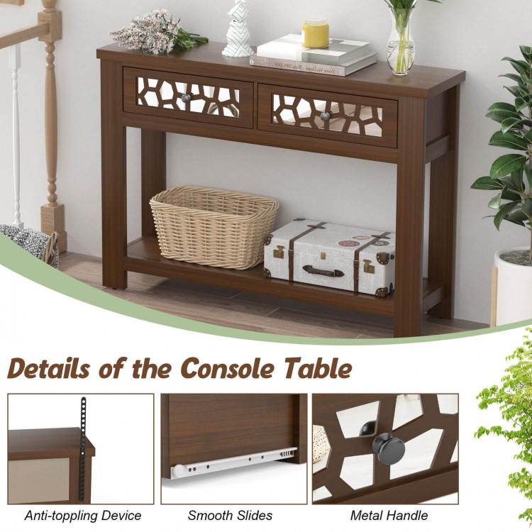 2-tier console table in brown with mirrored front, double drawers, and open shelf for versatile storage and display.