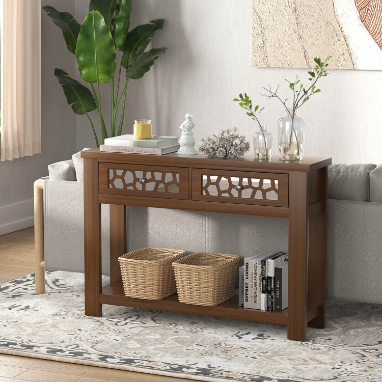Brown 2-tier console table featuring a wide tabletop and elegant design, ideal for displaying decor in small spaces.