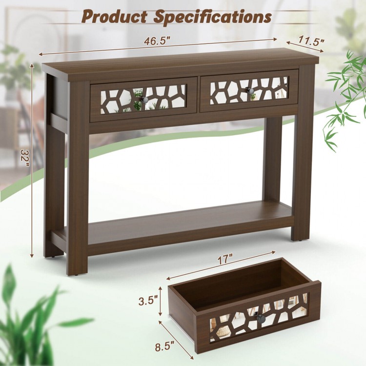 2-tier console table in brown with mirrored front, featuring drawers and open shelf for versatile storage in small.