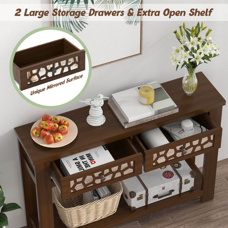 2-tier console table in brown with mirrored drawers, open shelf, and wide tabletop for stylish storage and display.
