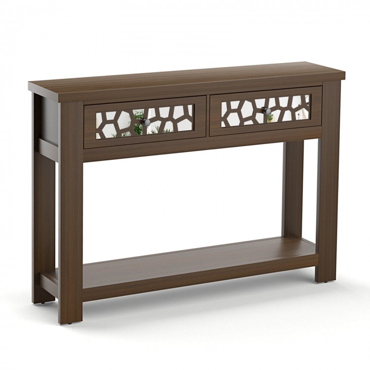2-tier console table in brown with mirrored drawers, open shelf, and modern design, perfect for small spaces.