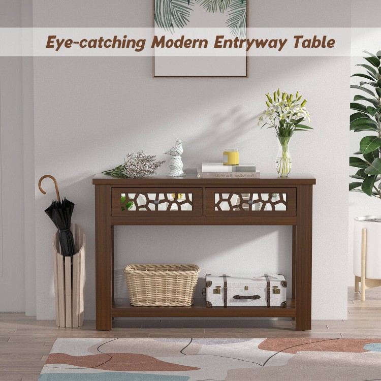 Modern 2-tier console table in brown with mirrored front, double drawers, and open shelf for versatile storage.