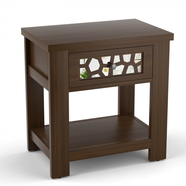 Wood retro end table in brown with mirrored glass drawer and open storage shelf, perfect for small spaces and stylish.
