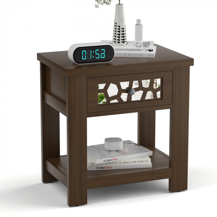 Wood retro end table in brown with mirrored glass drawer and open storage shelf, perfect for compact spaces.