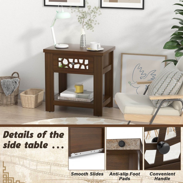 Wood retro end table in brown featuring a convenient handle and smooth slide drawer, ideal for stylish storage.