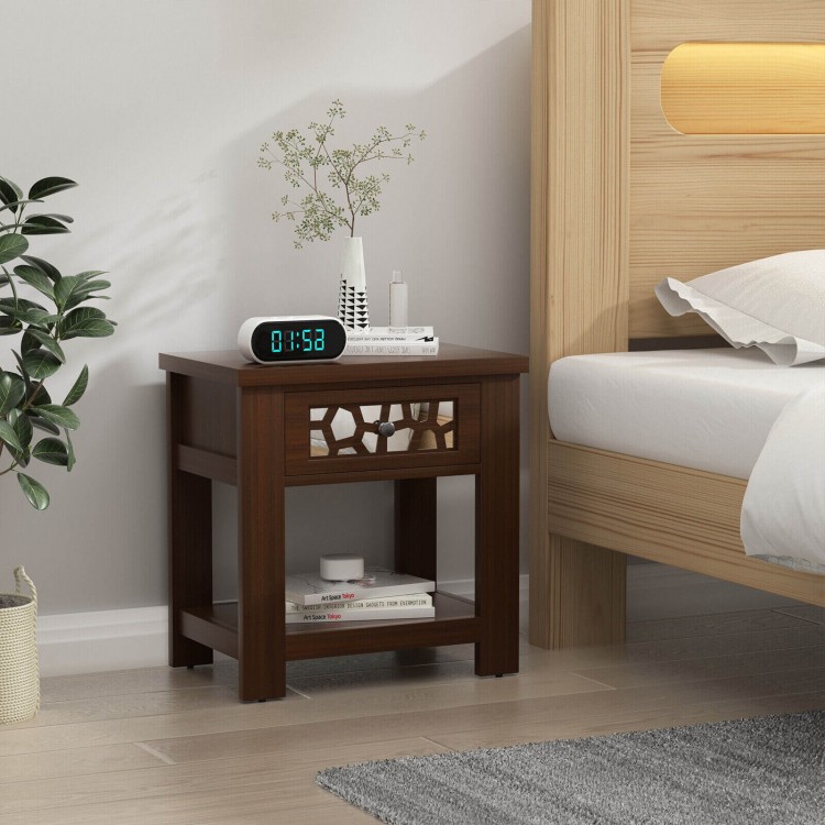Wood retro end table in brown with mirrored glass drawer and open storage shelf, perfect for nightstands or small.
