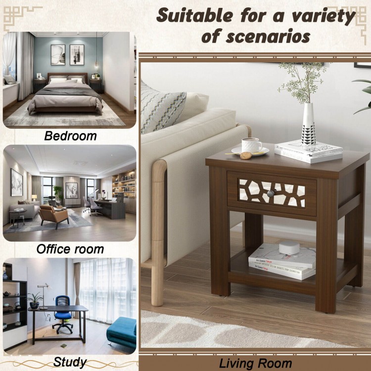 Wood retro end table in brown with mirrored drawer and open shelf, perfect for living room or bedroom use.