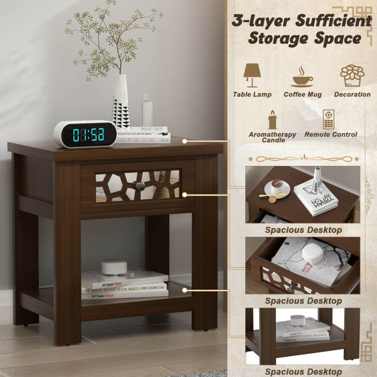 Wood retro end table with spacious desktop and mirrored glass drawer, ideal for displaying decor and keeping essentials.