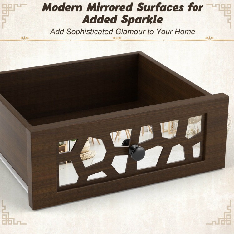 Wood retro end table featuring a mirrored glass drawer and open storage shelf, perfect for stylish home organization.