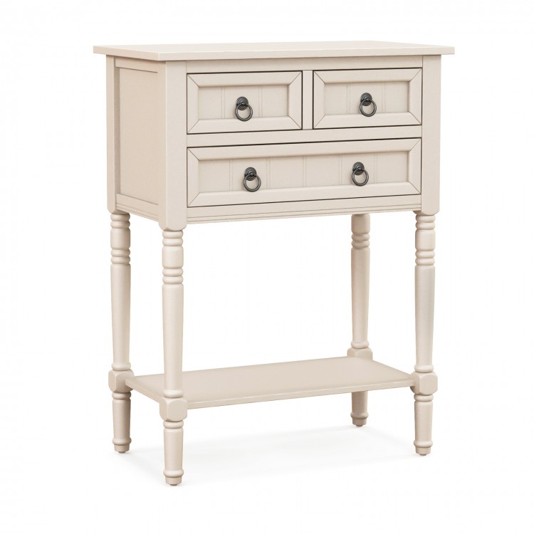 Narrow beige console table with three storage drawers and open bottom shelf, perfect for small spaces and easy assembly.