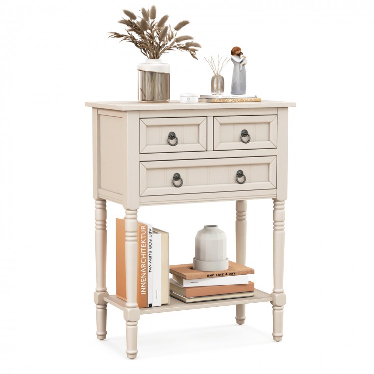 Narrow beige console table with three storage drawers and open bottom shelf, perfect for small spaces and entryways.