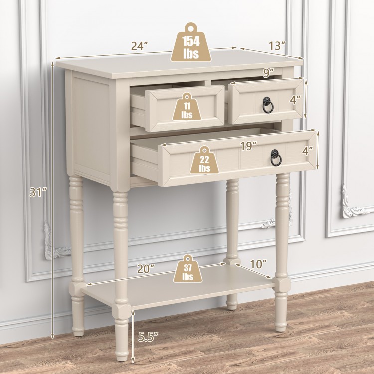 Narrow beige console table with three storage drawers and open bottom shelf, ideal for entryway or small spaces.