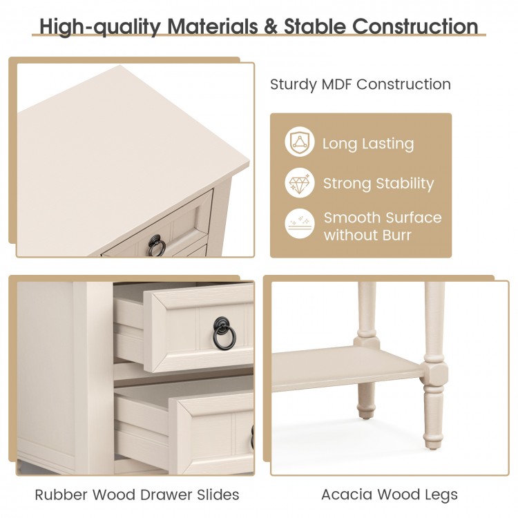 Narrow console table in beige with three storage drawers and open bottom shelf, perfect for small spaces and easy.