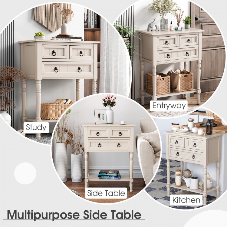 Narrow console table in beige with three storage drawers and open bottom shelf, ideal for entryway or small spaces.