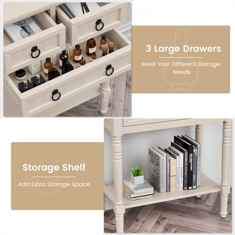 Narrow console table in beige featuring three large drawers and an open bottom shelf for versatile storage solutions.