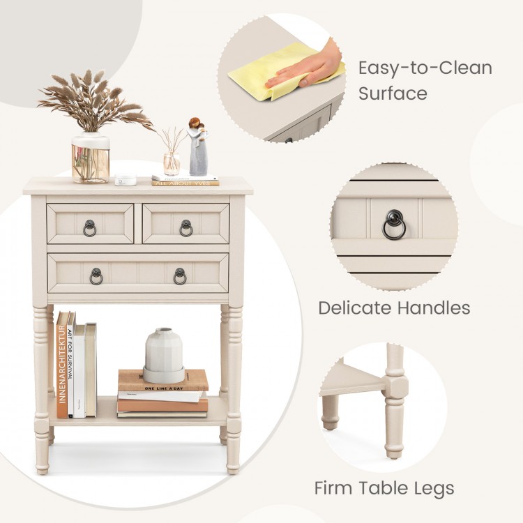 Narrow beige console table with three storage drawers, open bottom shelf, and easy-to-clean surface for small spaces.