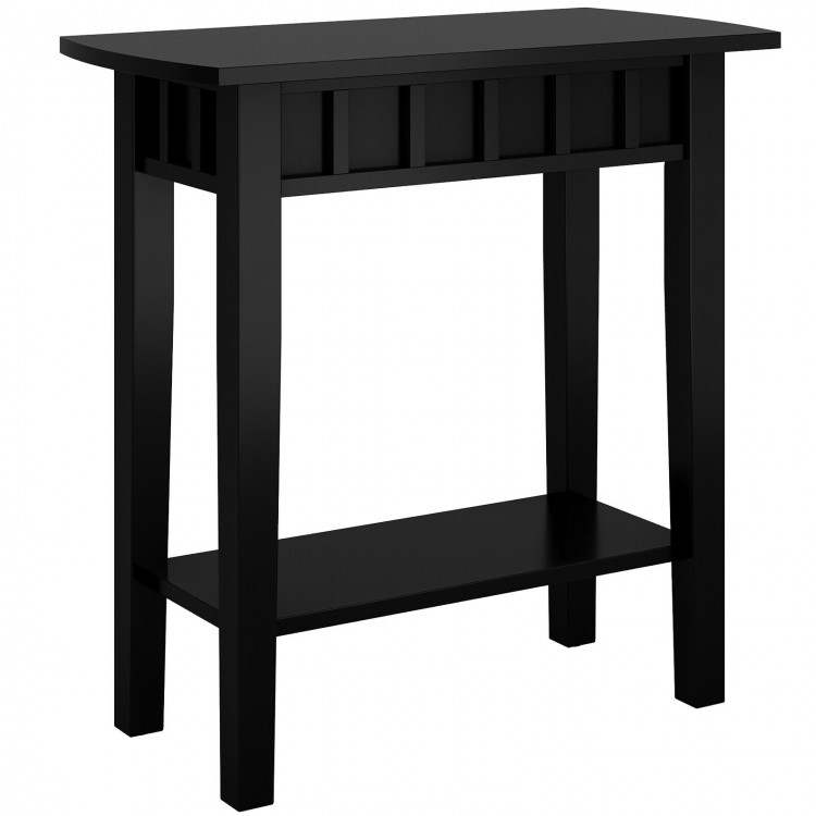 Narrow black wood end table with a storage shelf, ideal for small spaces and versatile use as a bedside or snack table.